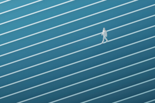 Three dimensional render of wireframe man walking along narrow edge