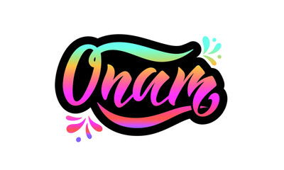 Happy Onam hand drawn greeting lettering. Indian holiday. Modern brush ink calligraphy isolated on white background. Vector colorful illustration for card, banner, poster, emblem, label, sticker