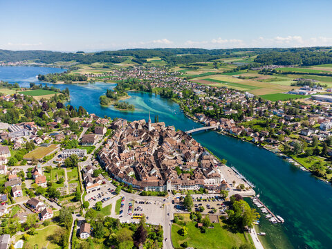 Switzerland, Canton of Schaffhausen, Stein am Rhein, Aerial view of riverside town in summer
