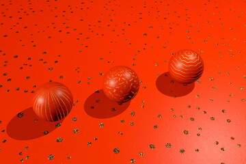 Three dimensional render of three red spheres lying against red spotted background