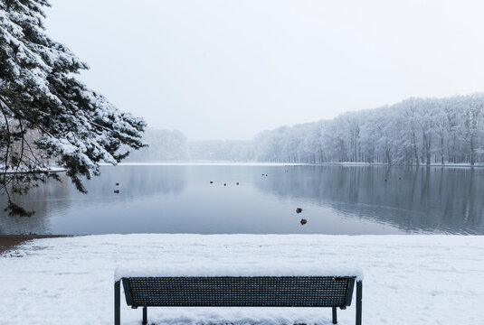 Empty bench on snow-covered shore of Adenauer Weiher