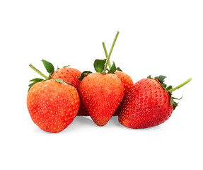 Two red strawberry fruits with green leaves isolated on white background. Clipping path.