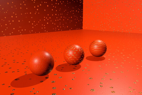 Three dimensional render of three red spheres lying against red spotted background