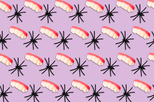 Halloween pattern of spiders and teeth candy
