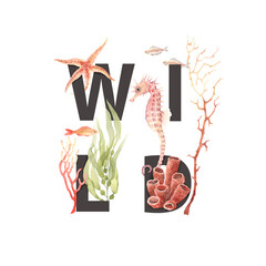 Wild sea concept, underwater wildlife print with seahorse, starfish, fishes, corals, green seaweed Macrocystis and polyps.  Watercolor isolated illustration on white background, symbol marine wildlife