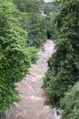 Fototapeta na wymiar Flut der Elz in Monreal, Bereich ohne Uferbebauung im neuen Ortsteil