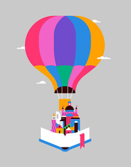 Open book city flying in hot air balloon isolated