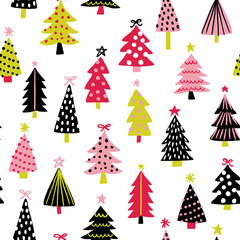 Colorful christmas seamless pattern with christmas trees in fun, bright colors and black. Winter vector design for gift wrap, scrapbooking, wallpaper, home decor, kids clothing, fabric.