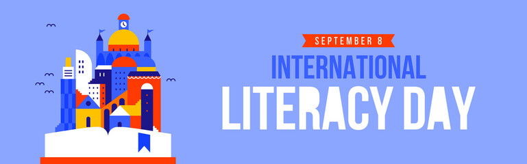 Literacy Day web banner open book story city