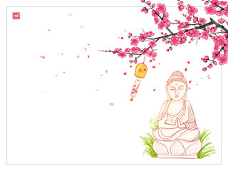 Obraz na płótnie Canvas Japanese zen garden composition. Buddha garden statue, furin chime bell and sakura blossom on the wind. Translation of hieroglyph - zen