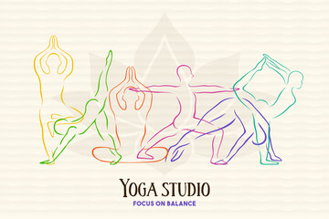 Yoga studio people pose colorful body silhouette