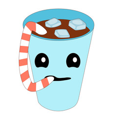 Cartoon paper cup with coffee and ice cubes. Cup with face is drinking cold coffee and using straw.  