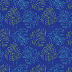 Vector Blue Green tropical palm leaves outlines. Elegant and sophisticated seamless pattern, perfect for fashion, textiles, wallpaper, product packaging.