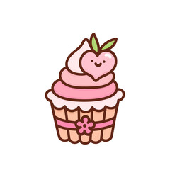 Delicious cupcake decorated with cute peach isolated on white background. Tasty dessert, confection or sweet pastry. Kawaii cartoon vector illustration.