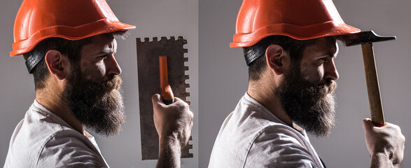 Bearded man worker with beard, building helmet, hard hat. Builder in helmet, hammer, handyman,...