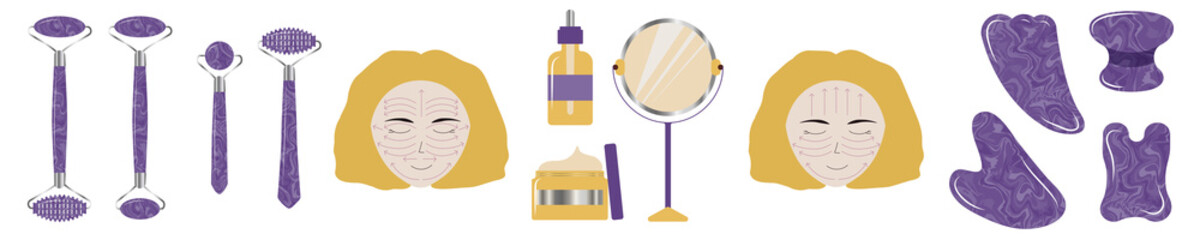 Gemstone skin care at home with amethyst facial roller, gua sha and oil.