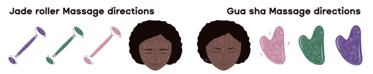 Rose quartz, amethyst and green jade roller gua sha massage directions on a face on black young female.
