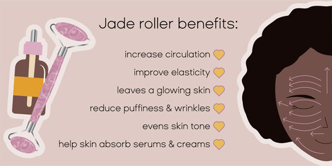 Infographic banner with jade roller facial massage exercise. Young black girl brunette face with massage directions. © Mariia
