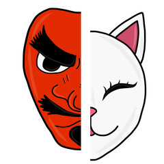 White Fox head mask or Kitsune vector illustration symbol. Japan mask culture vector illustrations