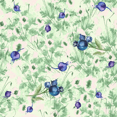 Watercolor poppy, branch.Card with poppy flowers. Garden flowers.Seamless delicate pattern of bouquets. Summer flowers. Floral seamless background for textile.Blueberries, currants. Wild berry.