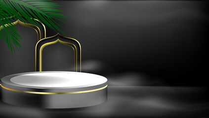3d islamic podium display on black background. with mosque door, palm leaf and arabesque ornament, mock up design template 