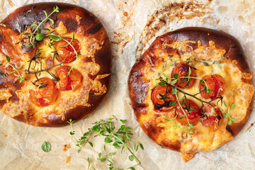 Homemade cheese focaccia with tomato cherry