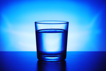 A glass with water at blue background