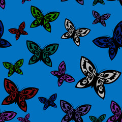 bright seamless pattern with colored butterflies on blue background