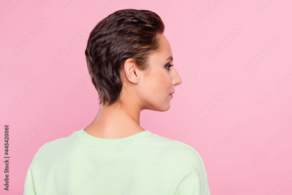 Poster Back rear view photo of young attractive girl look empty space hairdo isolated over pink color background