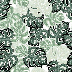 Monstera doodle leaves silhouettes seamless pattern. Natural exotic backdrop.