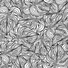 Random contoured seamless pattern with black outline monstera shapes. Nature palm tropical print.