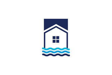Blue Sea House Logo For Sale. Home with sea wave creative, unique and very different. Suitable for any business.
