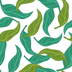 Isolated abstract seamless pattern with random turquoise and green leaf ornament. White background.