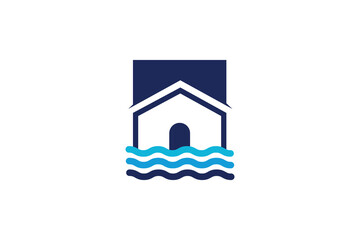 Beach House Logo For Sale. House with sea wave creative, unique and very different. Suitable for any business.