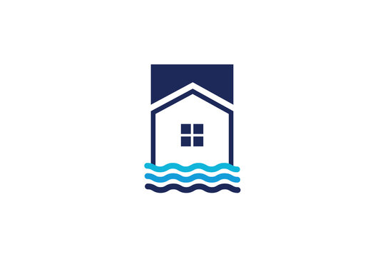 Blue Sea House Logo For Sale. Home with sea wave creative, unique and very different. Suitable for any business.