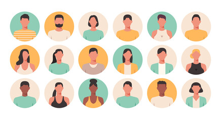 People portraits of faceless males and females, men and women face avatars isolated at round icons set, vector flat illustration