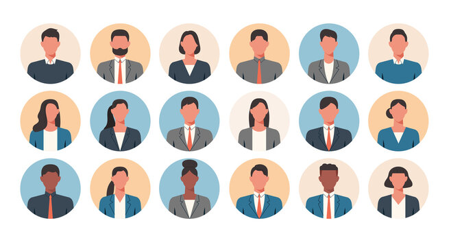 People portraits of faceless businessmen and businesswomen, men and women face avatars isolated at round icons set, vector flat illustration