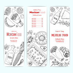 Mexican food design template. Vertical banners set. Mexican food cafe menu. Vector illustration. Engraved style