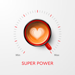 Coffee Super Power. Vector 3d Realistic Red Mug with Black Coffee and Volume Scale. Concept Banner with Coffee Cup. Design Template. Top View