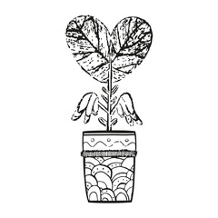 Hand drawn abstract fantasy plant. Grunge image. Freehand heart in a pot on isolated white background. Love art. Unique image for design. Black and white illustration