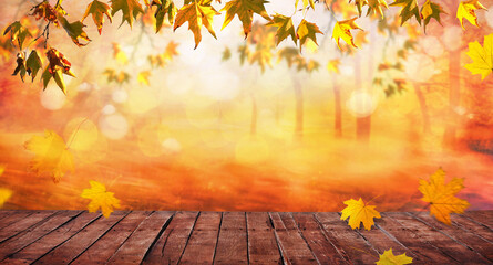 Naklejka na ściany i meble orange fall leaves and old wooden board, autumn natural background