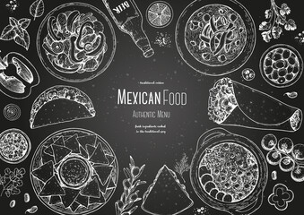 Mexican food top view frame. A set of classic mexican dishes with nachos, burritos, tacos, pozole . Food menu design template. Vintage hand drawn sketch vector illustration. Mexican cuisine.