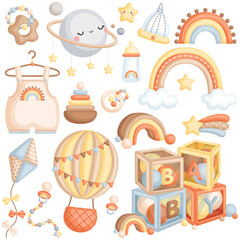 Fototapeta premium A Cute Vector Set of Baby Boy Classic Boho Items and Toys 