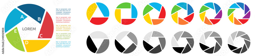 Poster circle divided in three to nine same size segments, forming polygon at middle - different colours an