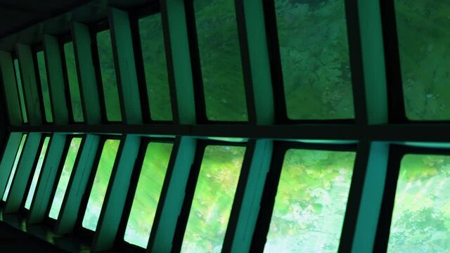 A ship with a transparent bottom. Bathyscaphe. Baikal. Sea bottom