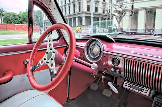 HAVANA, CUBA - January 4, 2018: Modified Interior Of An Old Chevrolet Car Which Is Still Used For Decades - Now As A Vehicle For Tourists.