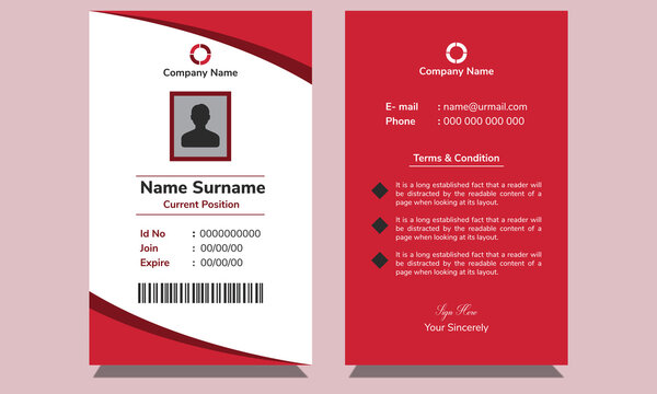 Unique modern employee corporate  and simple red professional clean creative office id card design template.