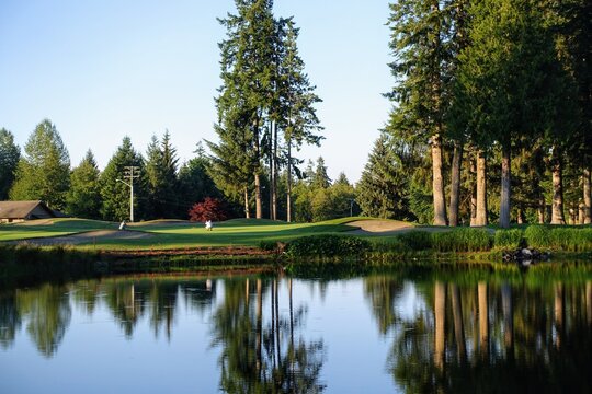 A beautiful photo of a golf hole looking over water onto a green surrounded by tall trees reflecting in the water. In Campbell River, British Columbia, Canada.