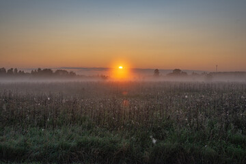 Fototapeta na wymiar Sunrise on a foggy morning. Zavyalovsky district, Udmurt Republic, Russia.