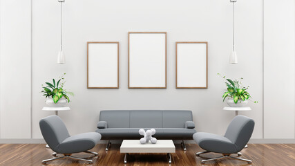 Office Interior frame mockup. Horizontal frame mockup on the empty white wall with modern office interior design.	
